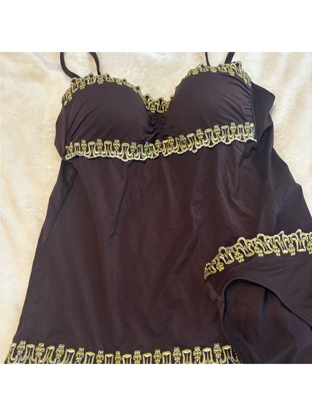 Becca by Rebecca Virtue Embroidered Brown Tankini Set. Sz Medium